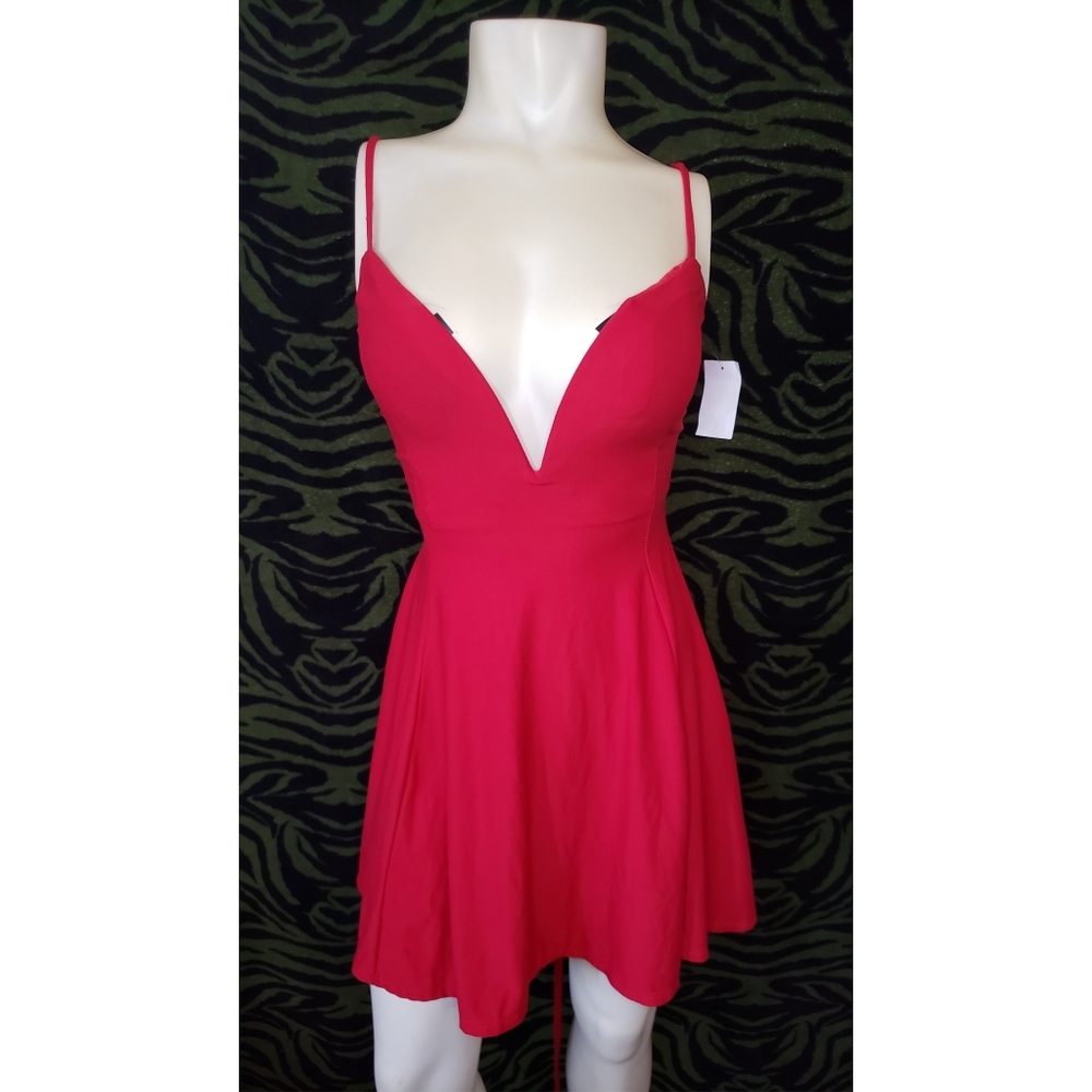 Mini red low cut lace up back skater dress